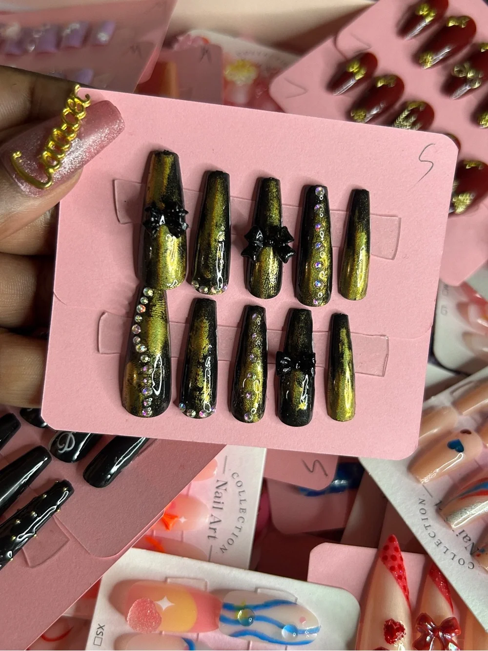 Gold & Black Rhinestone Sculpted Press-On Nails - Women Makeup Blush